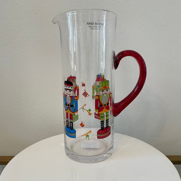 Hand Painted CHRISTMAS Nutcracker Glass Pitcher Chic Holiday Barware New - Picture 1 of 12